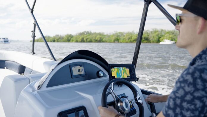 ADFXLAPB Feb26 QPE river fishing River fishing on a pontoon boat. Image by Lagee Aquatic.